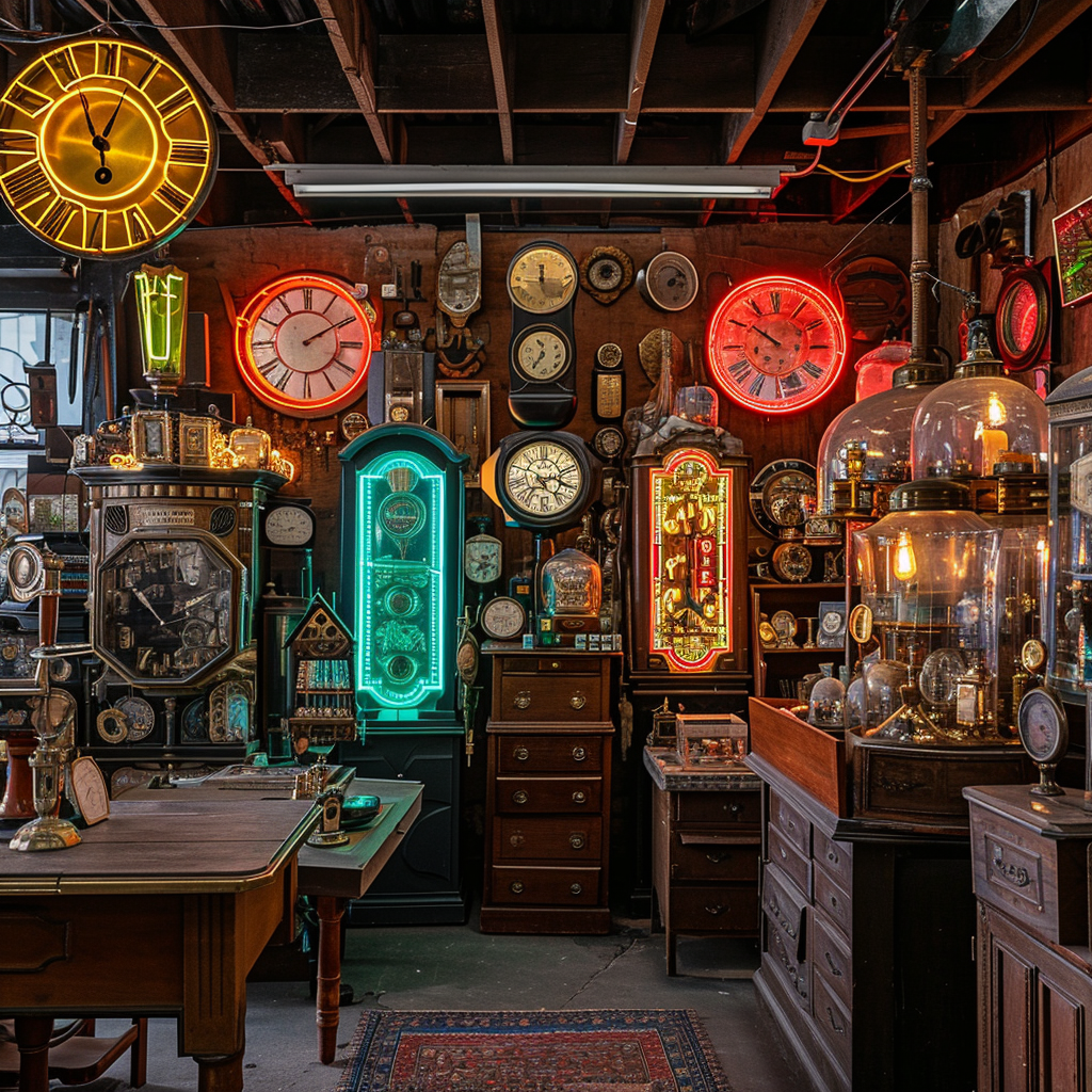 Neon clocks in antique shop