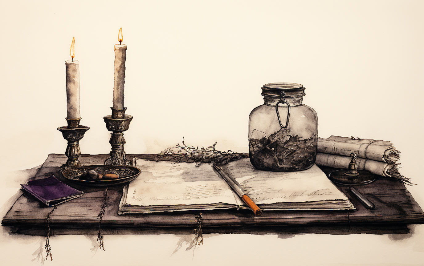 Minimalist antique table with open book and lit candle