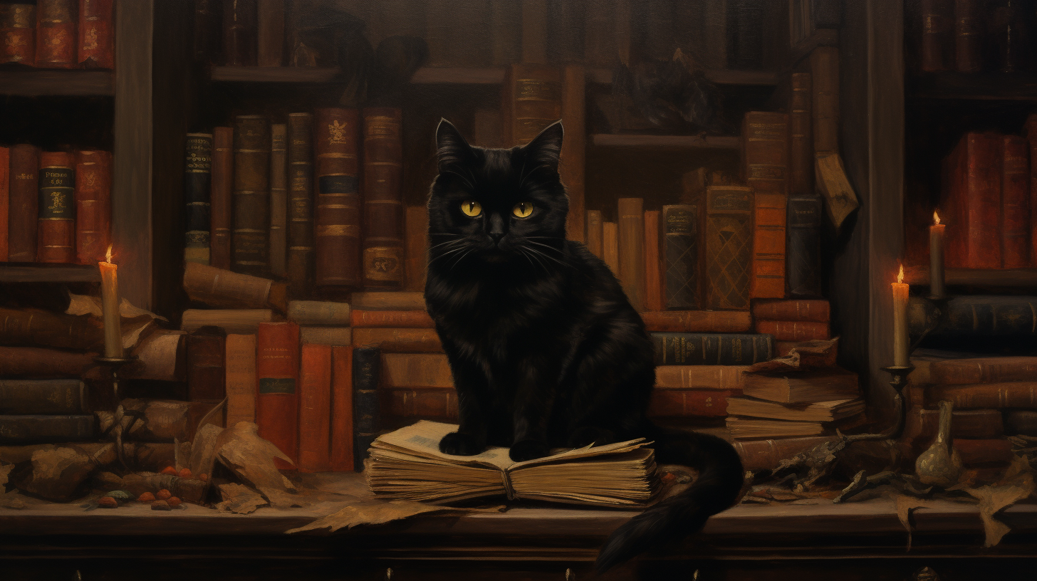 Antique Oil Painting with Black Cat in Wizard School Library