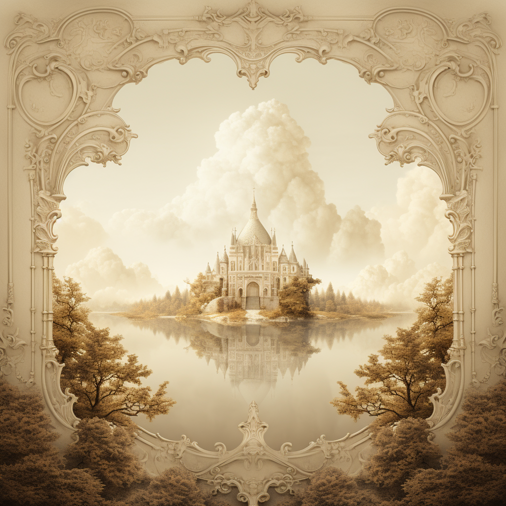 Symmetrical landscape in antique style with beige and gold