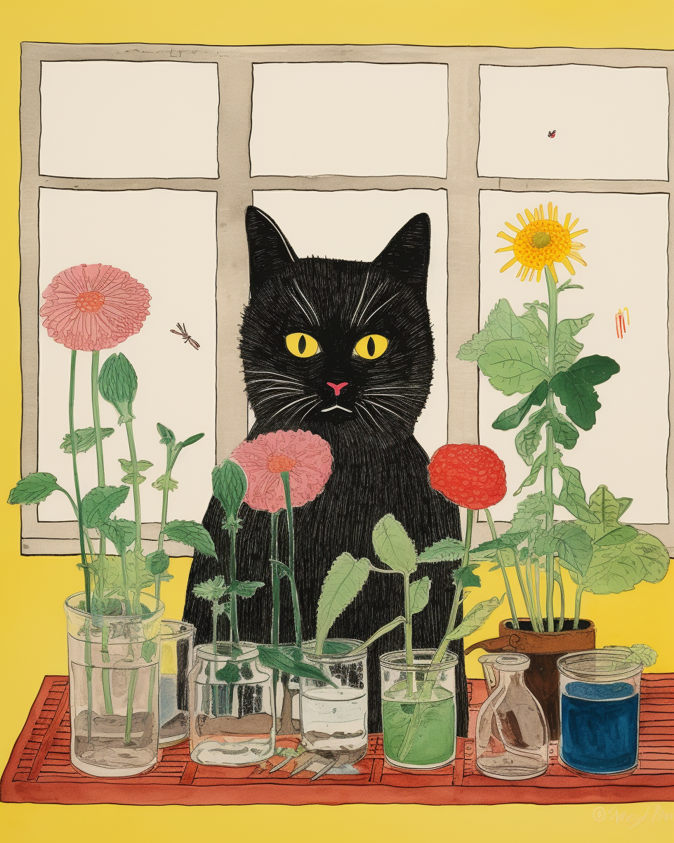 Illustration of an antisocial cat as a gardener