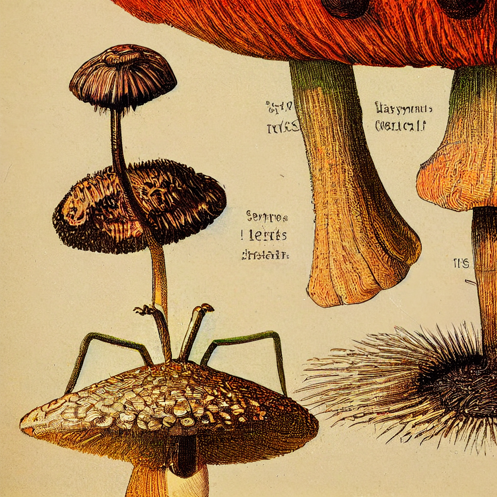 Ants building anthill on fly agaric