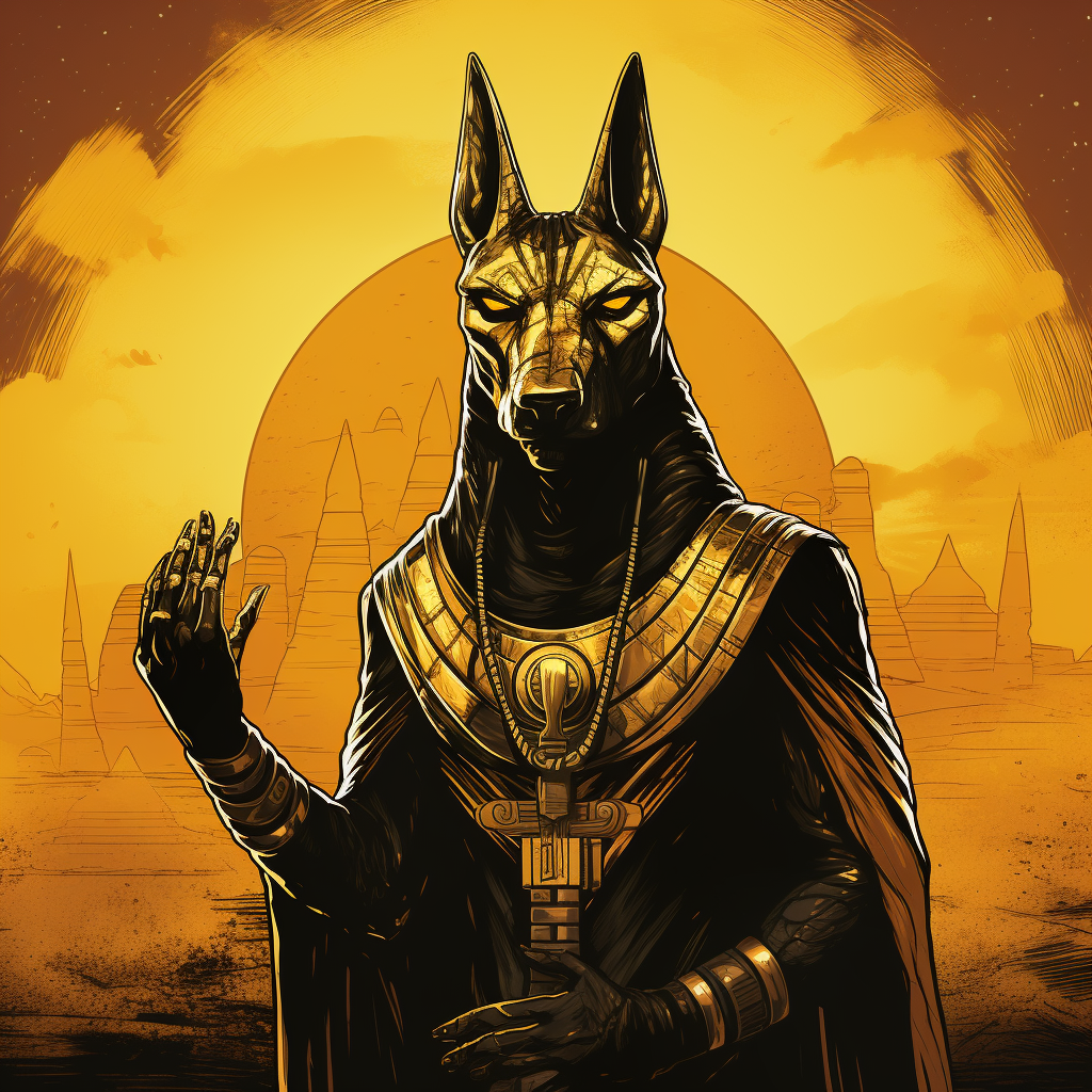 Illustration of Anubis holding pyramids against high contrast background