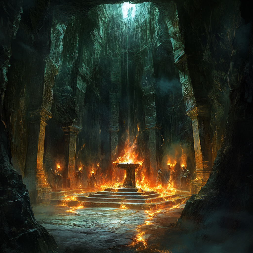 Cavernous chamber with fiery aura