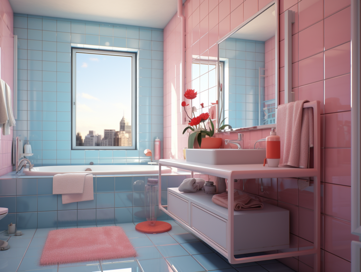 Apartment Washroom with Pink and Sky Blue Colors