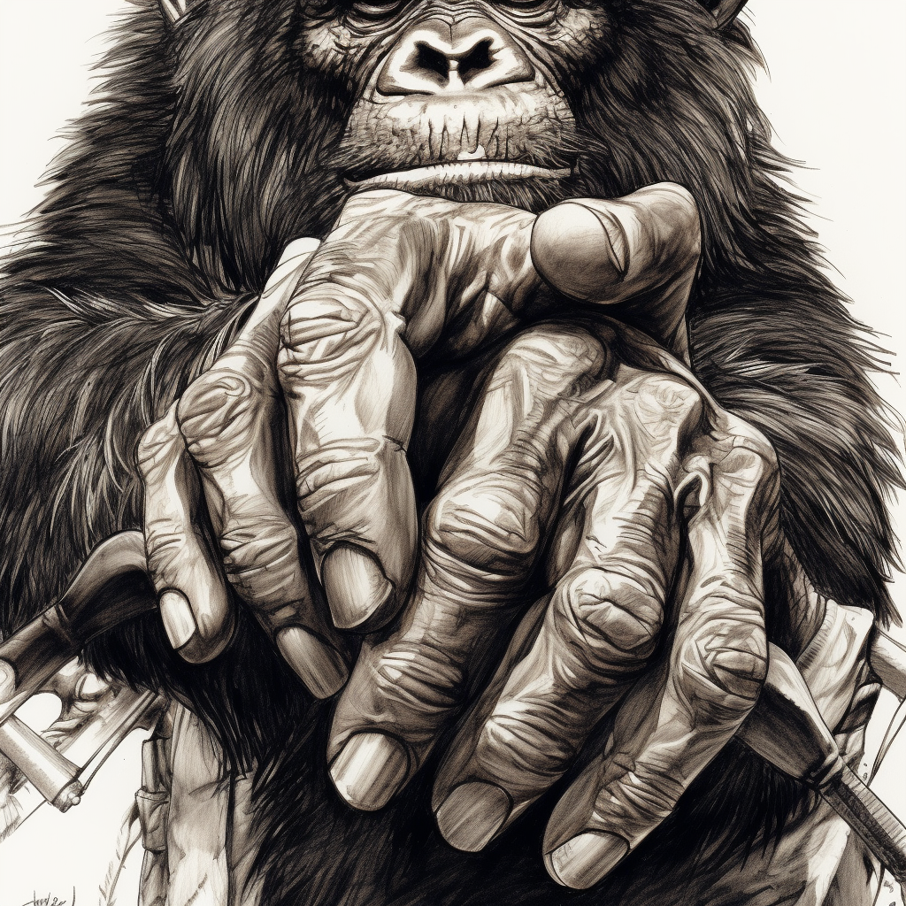 Detailed hairy ape hands holding tools