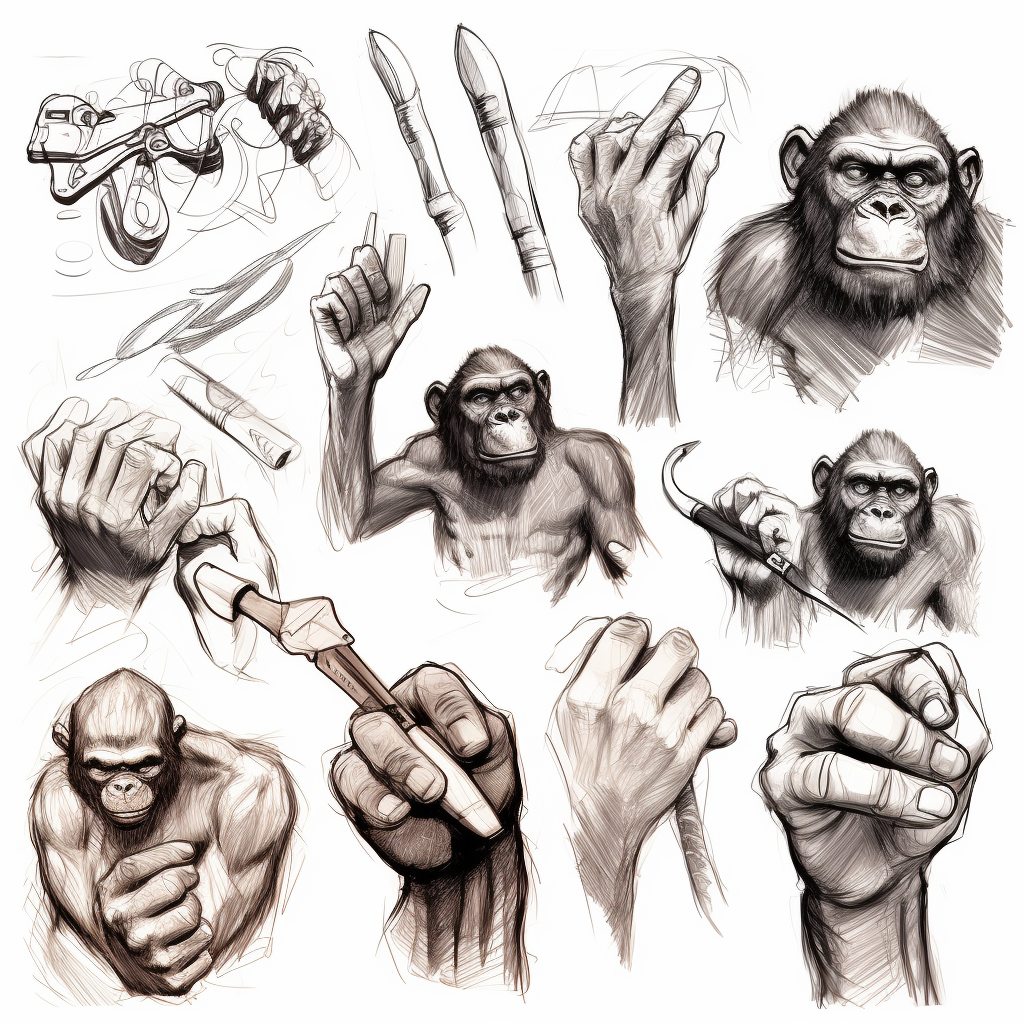 Ape hands holding tools dynamic sketches