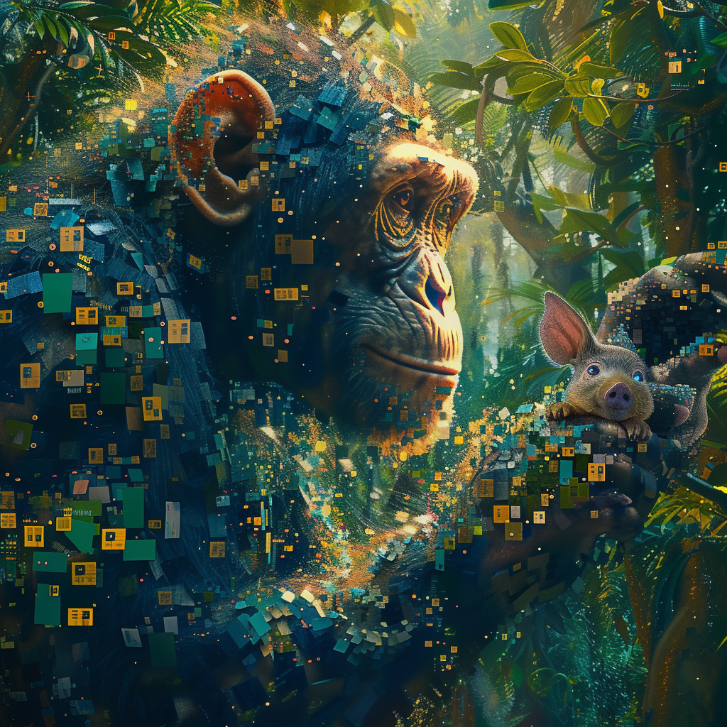 Anthropomorphic ape and truffle pig in data forest