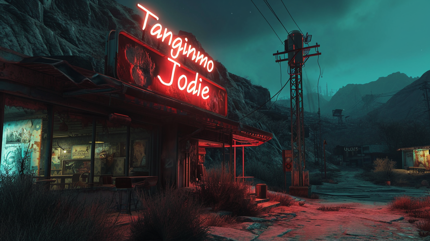 Neon sign in apocalyptic night town