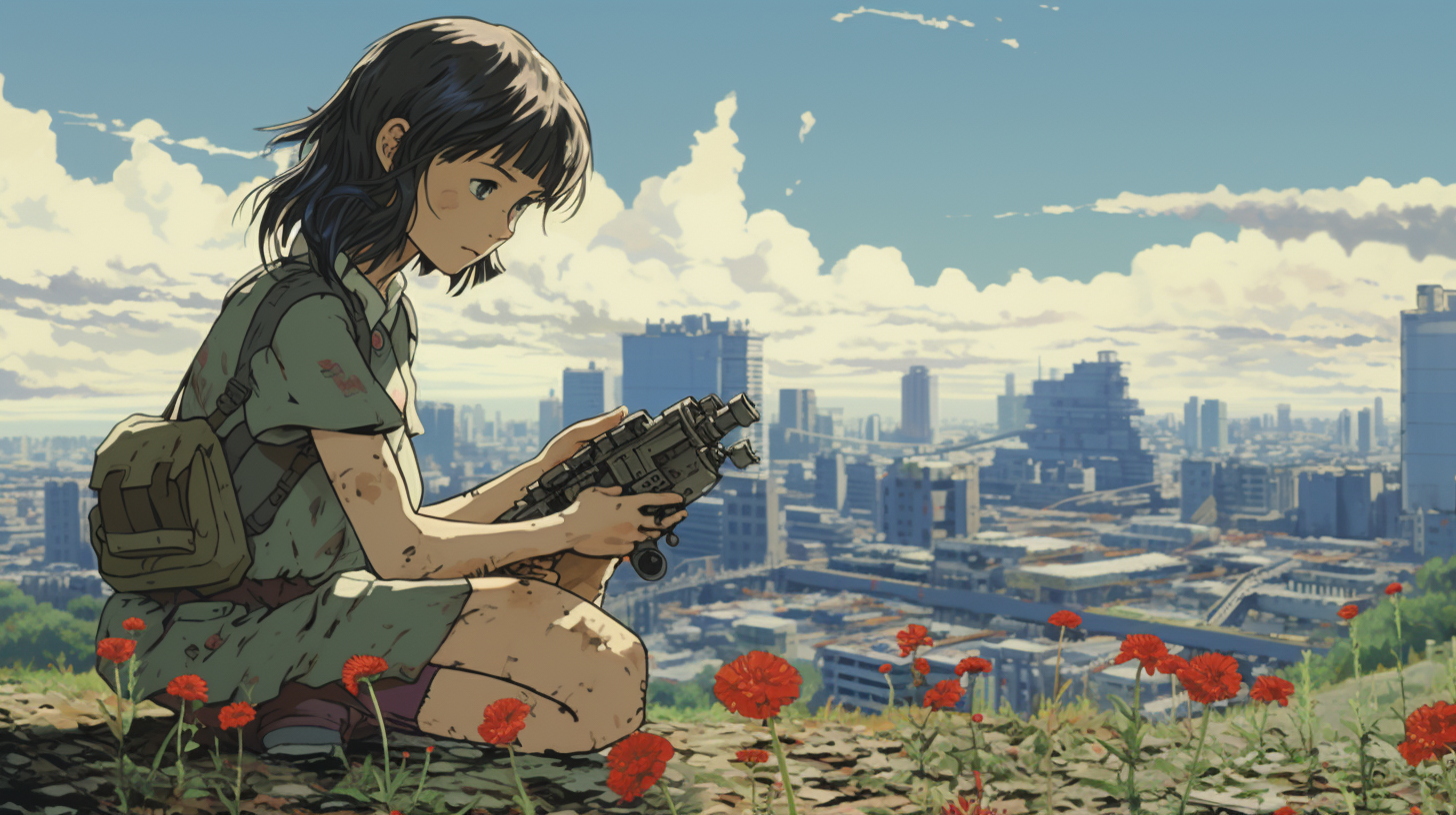 Young girl picking flowers in apocalyptic city