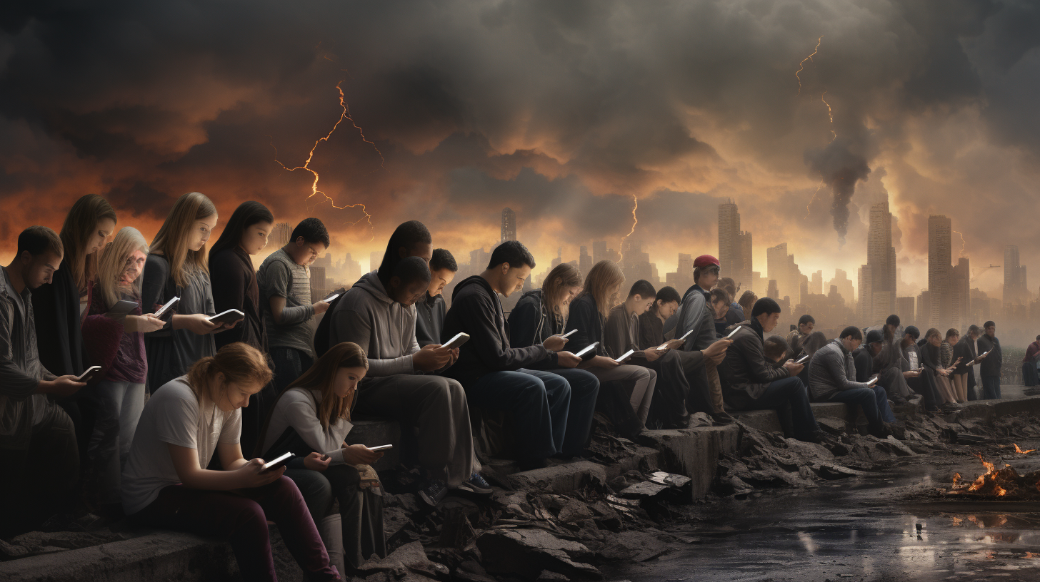 Masses Staring at Phones in Apocalyptic Civil War