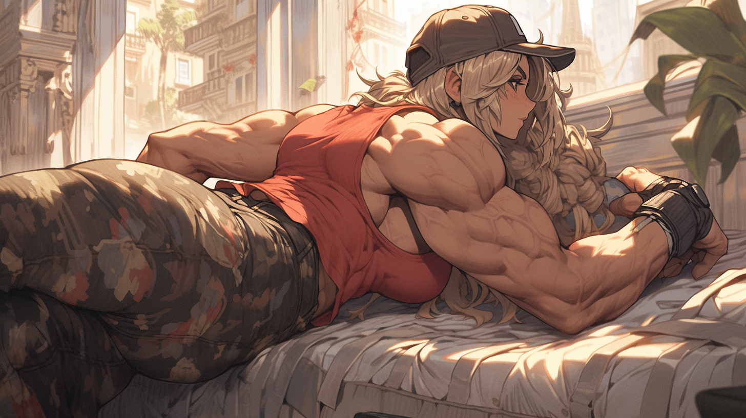 Apocalyptic girl on bed, muscular and athletic