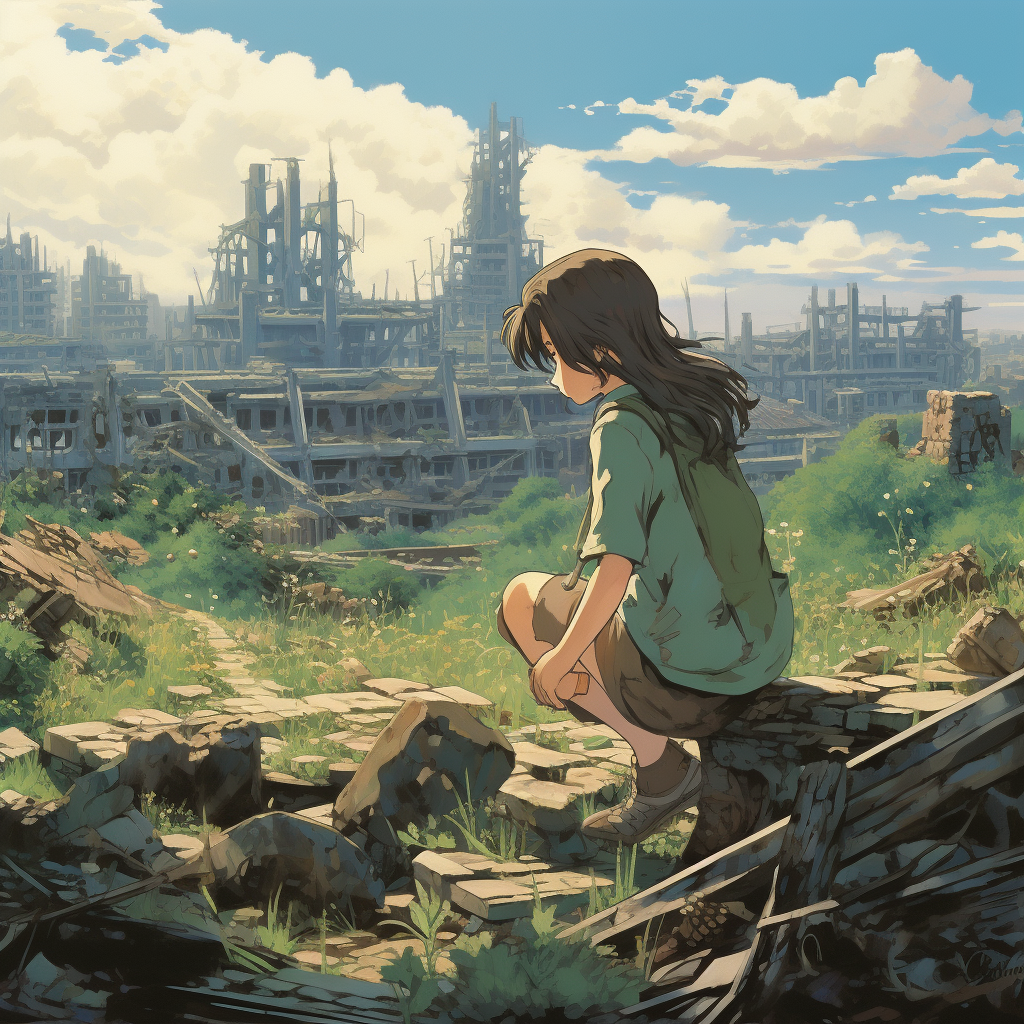 Young girl picking flowers in an apocalyptic scenery