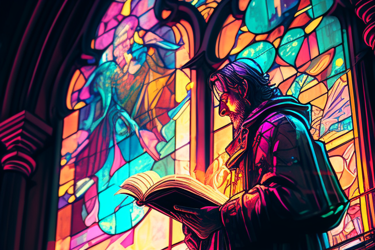 Apostle with Laptop in Stained Glass Window