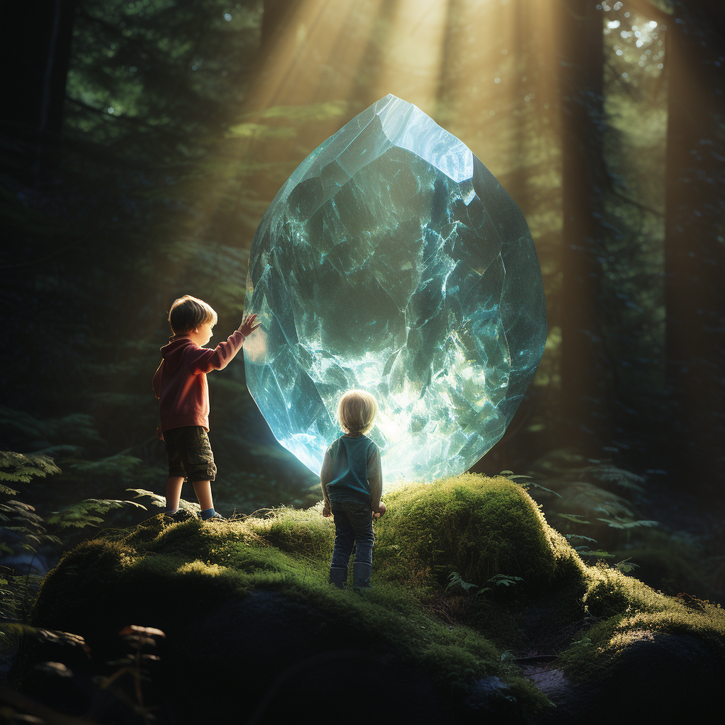 Children walking towards a shimmering turquoise moonstone