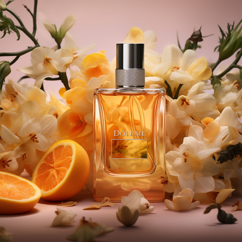 Elegant perfume bottle with apricot, santalwood, and orange's flower