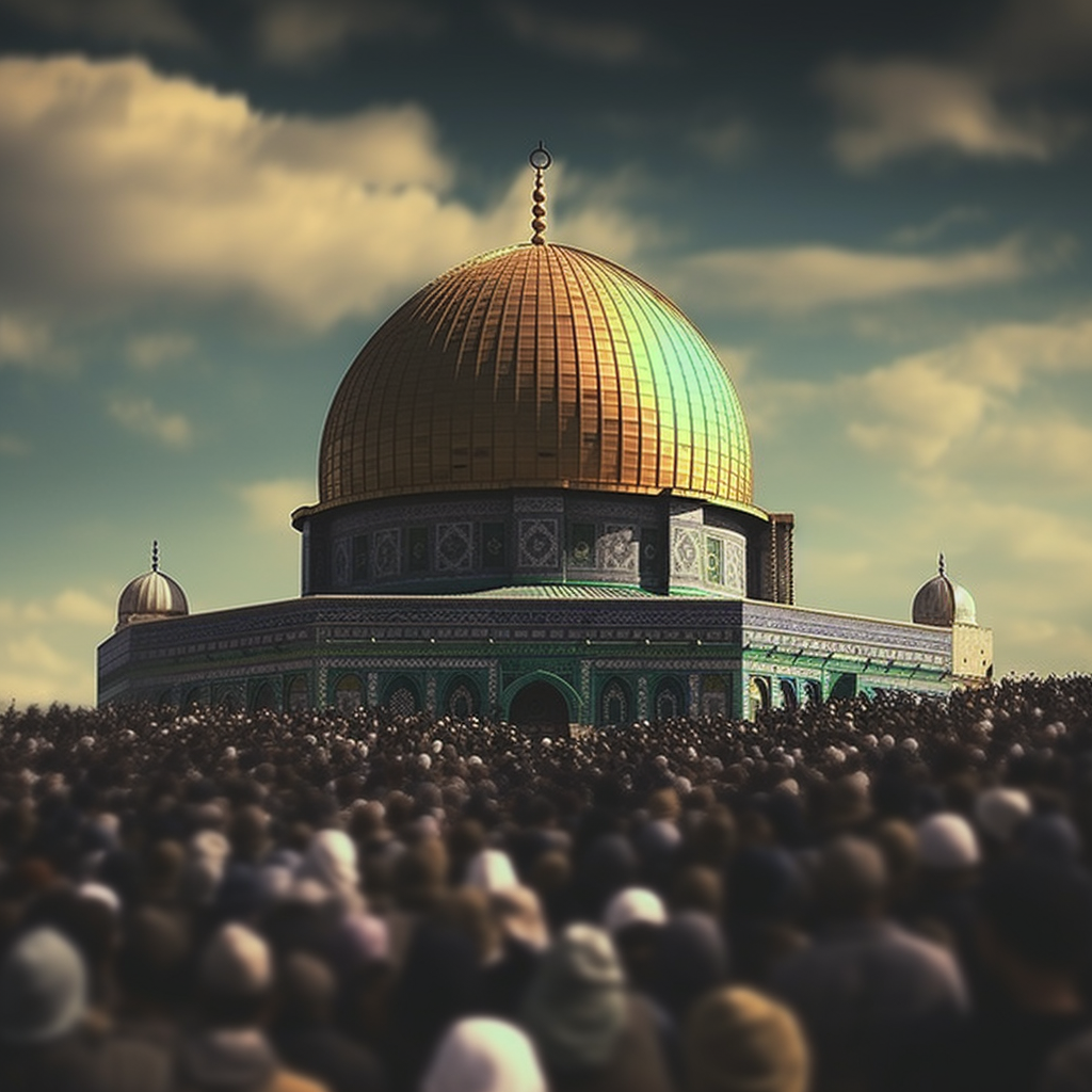 Crowd with Palestine flags at Al-Aqsa Mosque