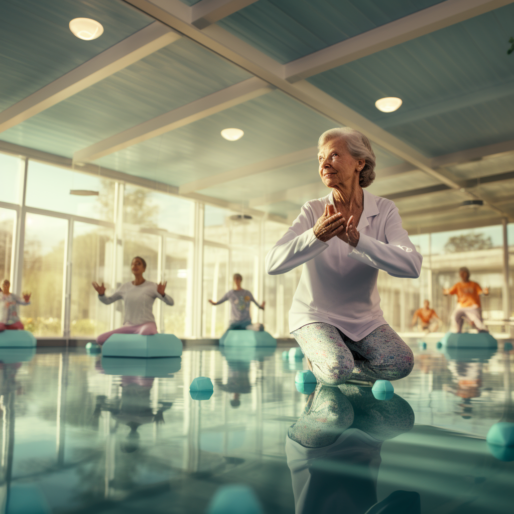 Aqua aerobics class at indoor pool with older woman