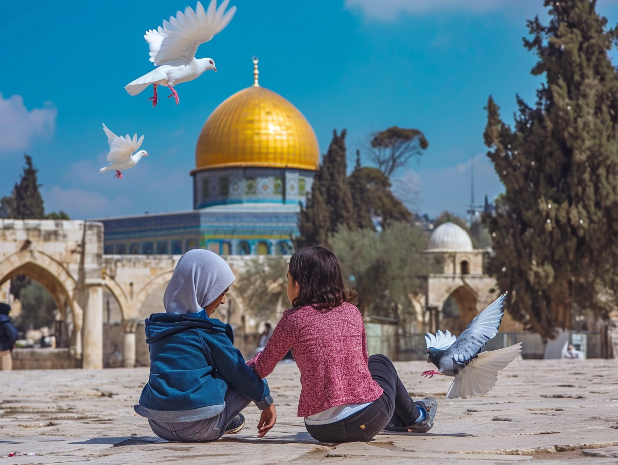 Arab Boy and Girl with White Doves in Ruins