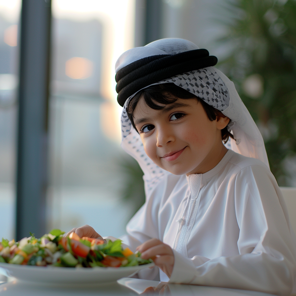 Arab Emirati Kid Eating Salad