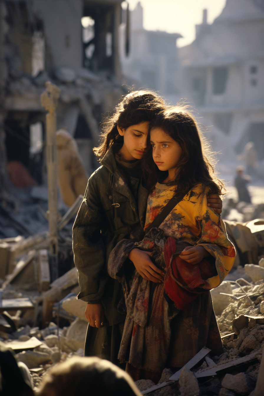 Two Arab girls fearfully embracing amidst destruction