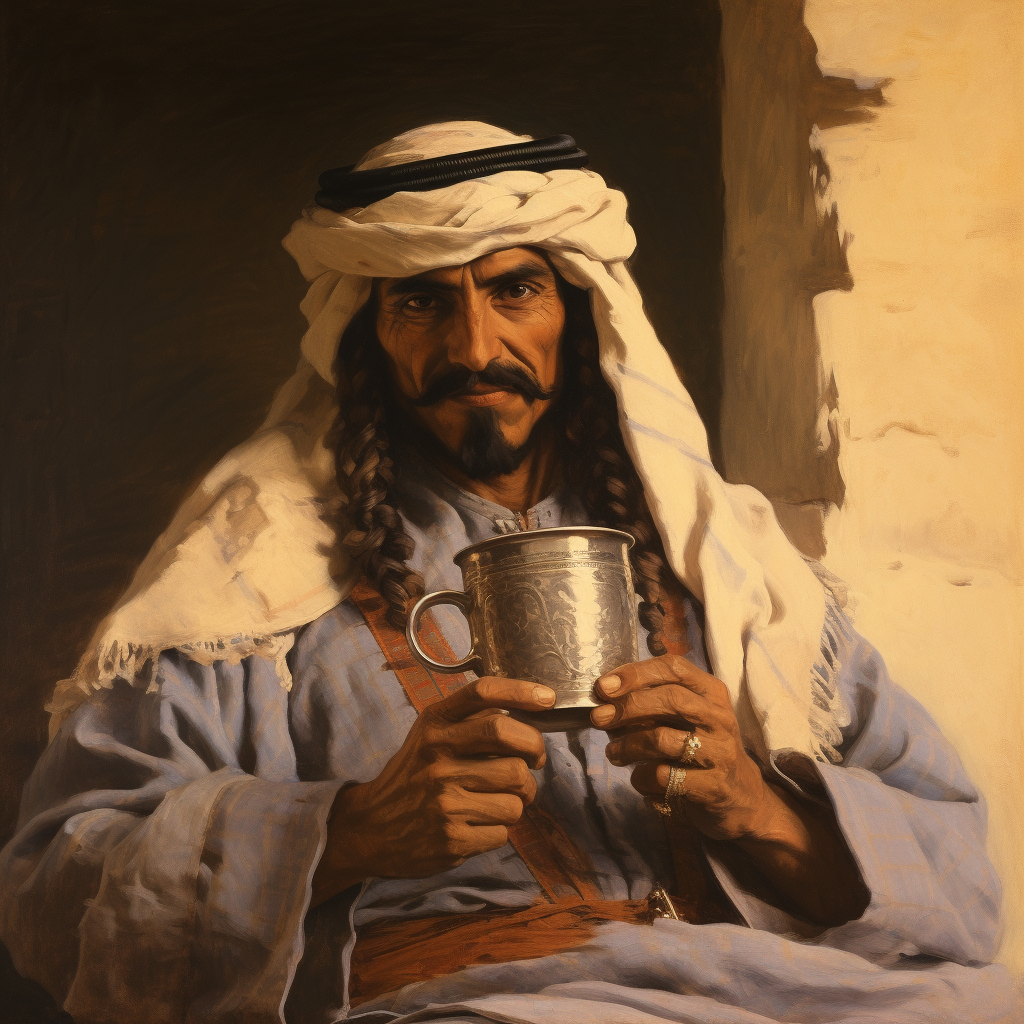 Arab enjoying latte coffee in pre-Islamic style