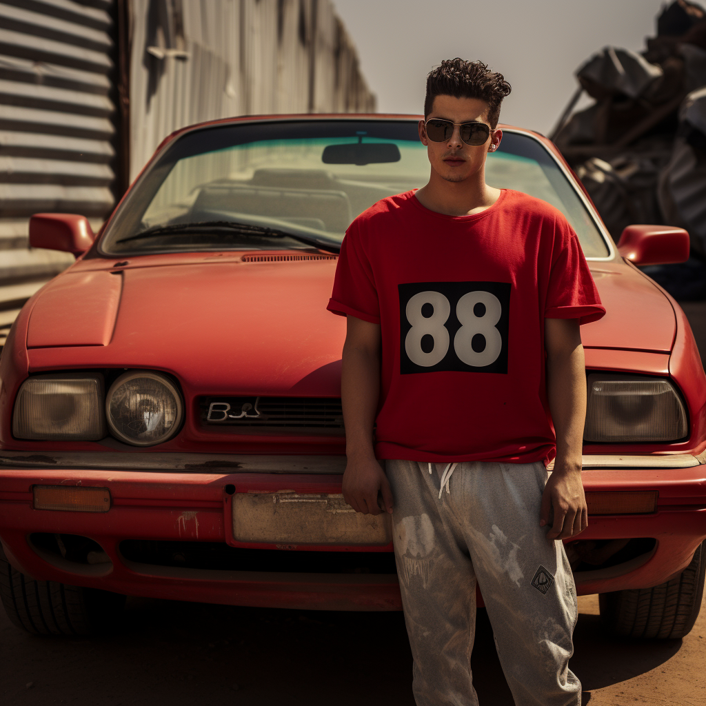 Arab rapper in red convertible with 1999 license plate