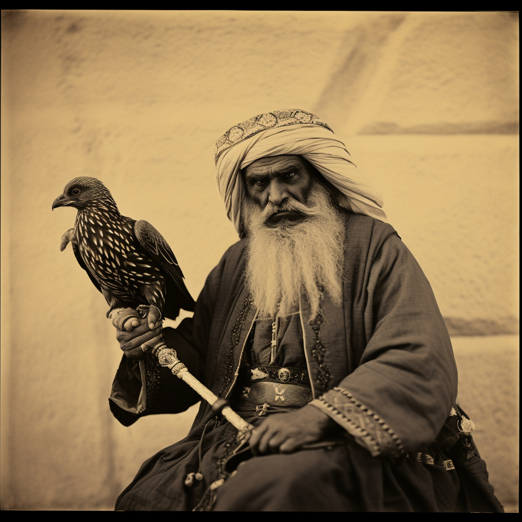 Arab Sheikh with Black Bird and Damascus Sword