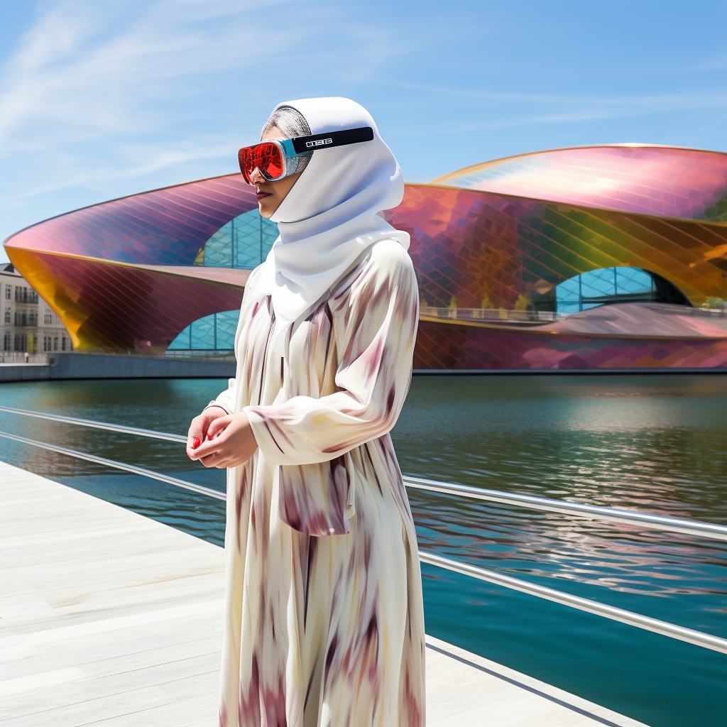 Arab woman wearing hijab using VR headset in Bilbao