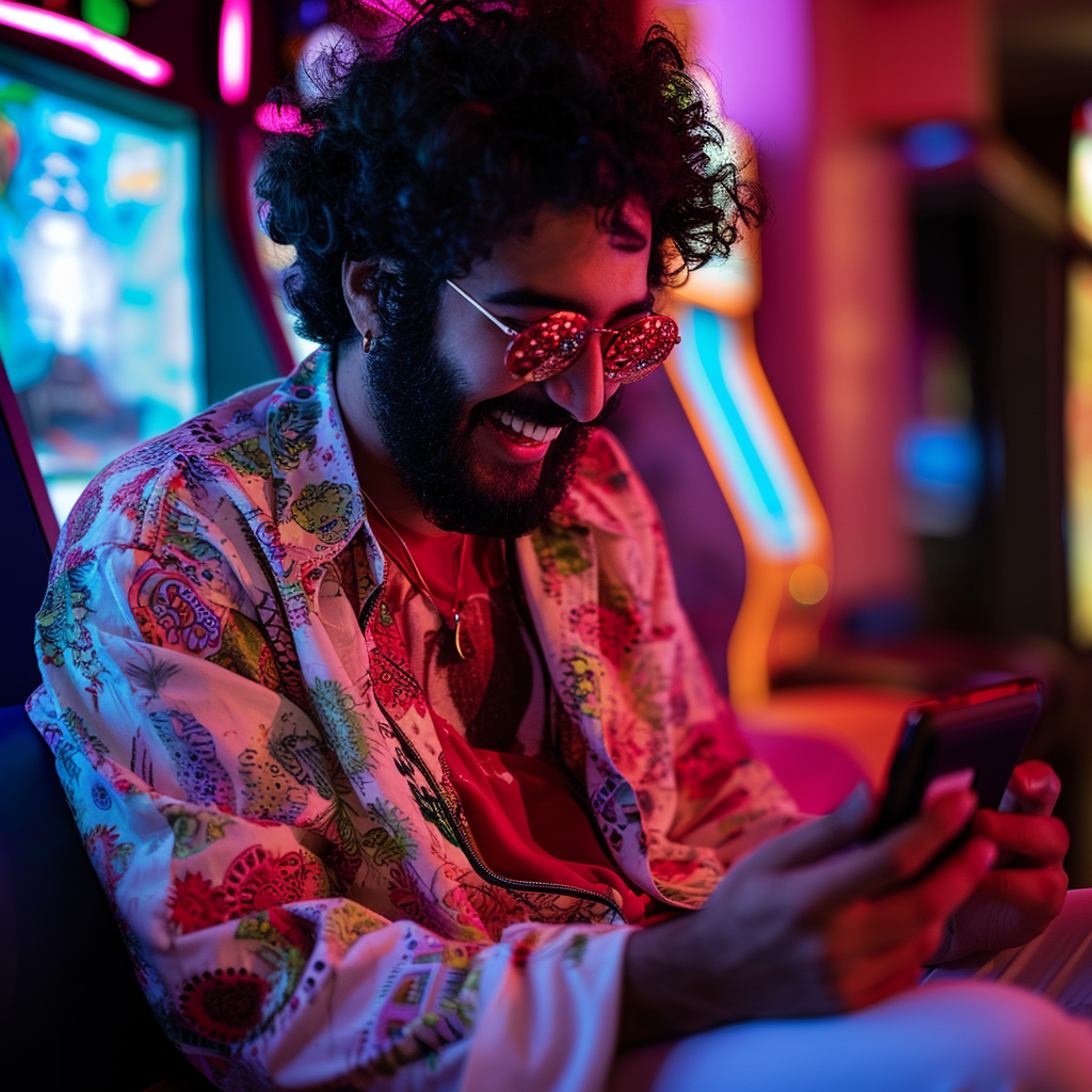 Arab man using phone in games room