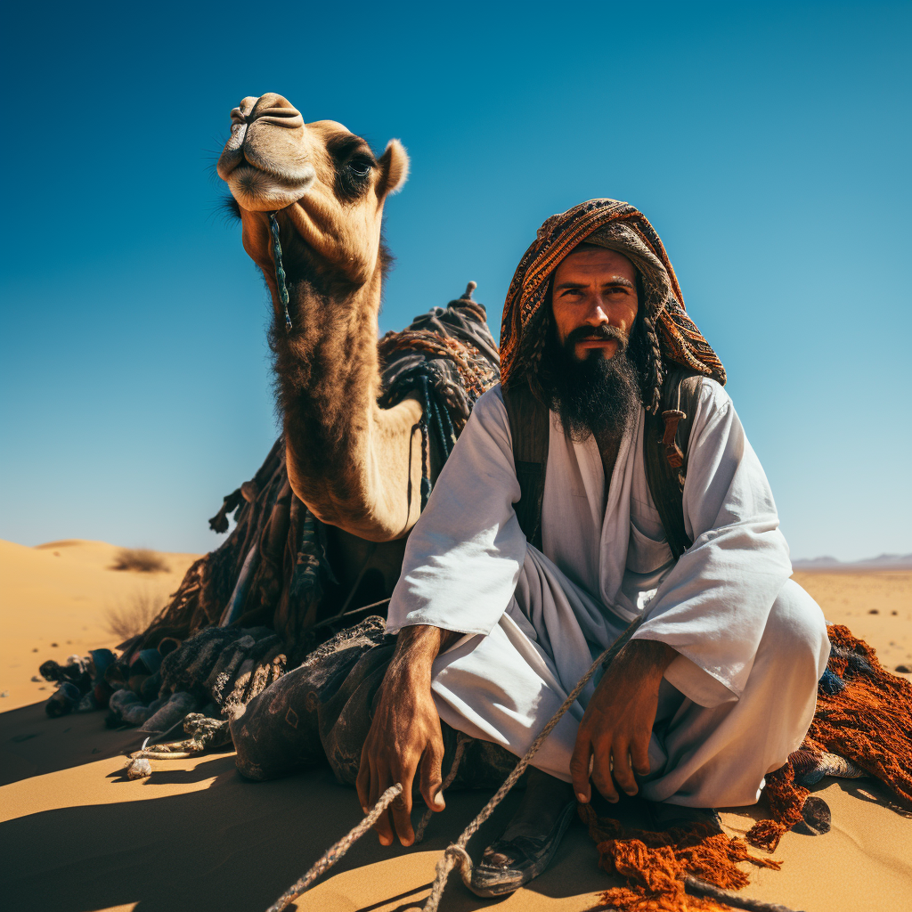 Arabian man with camel in desert