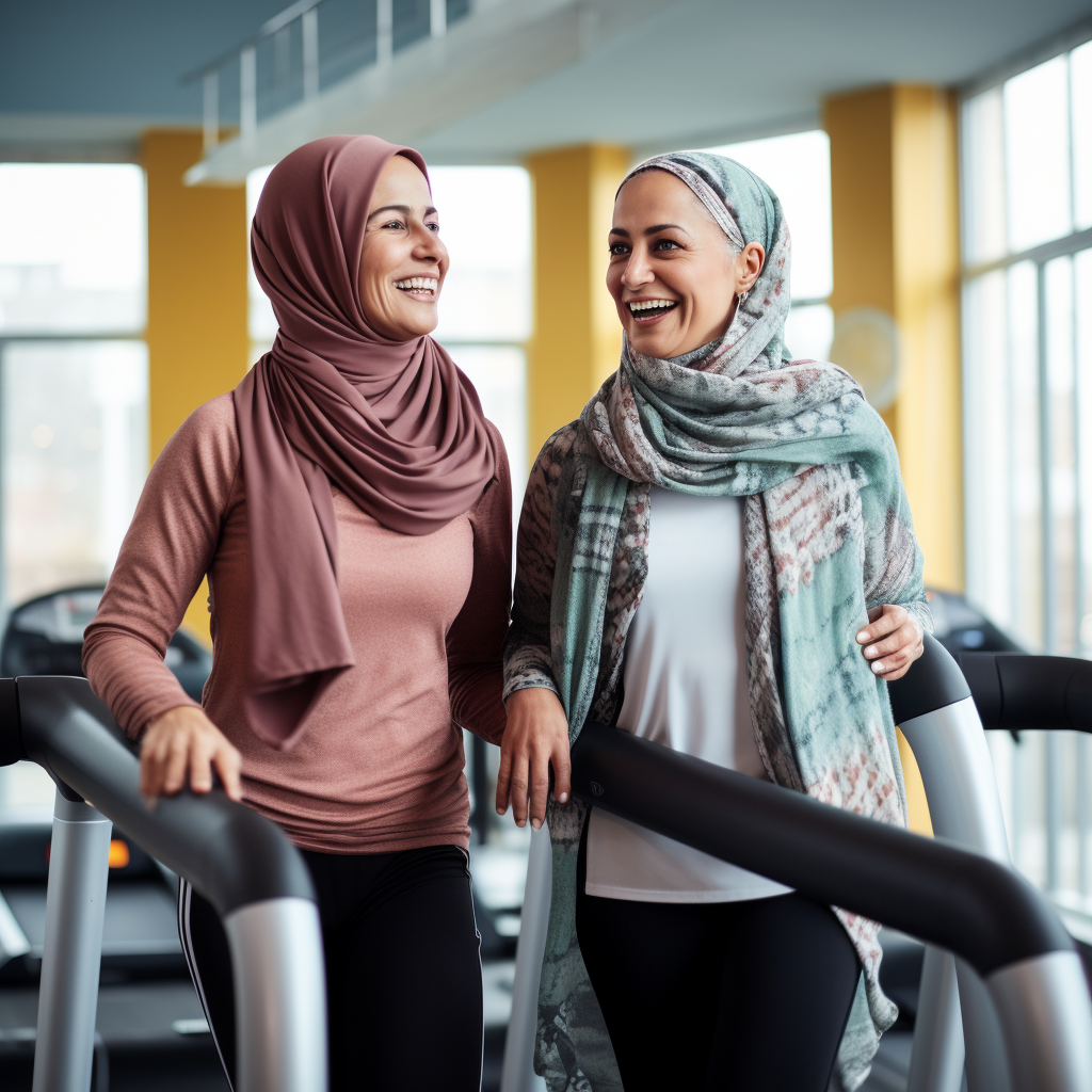 Arabic senior woman and Dutch companion exercising