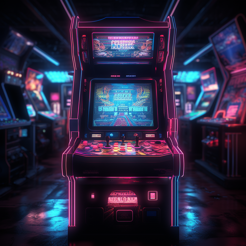 Arcade Game Machine with Neon Pixel Art