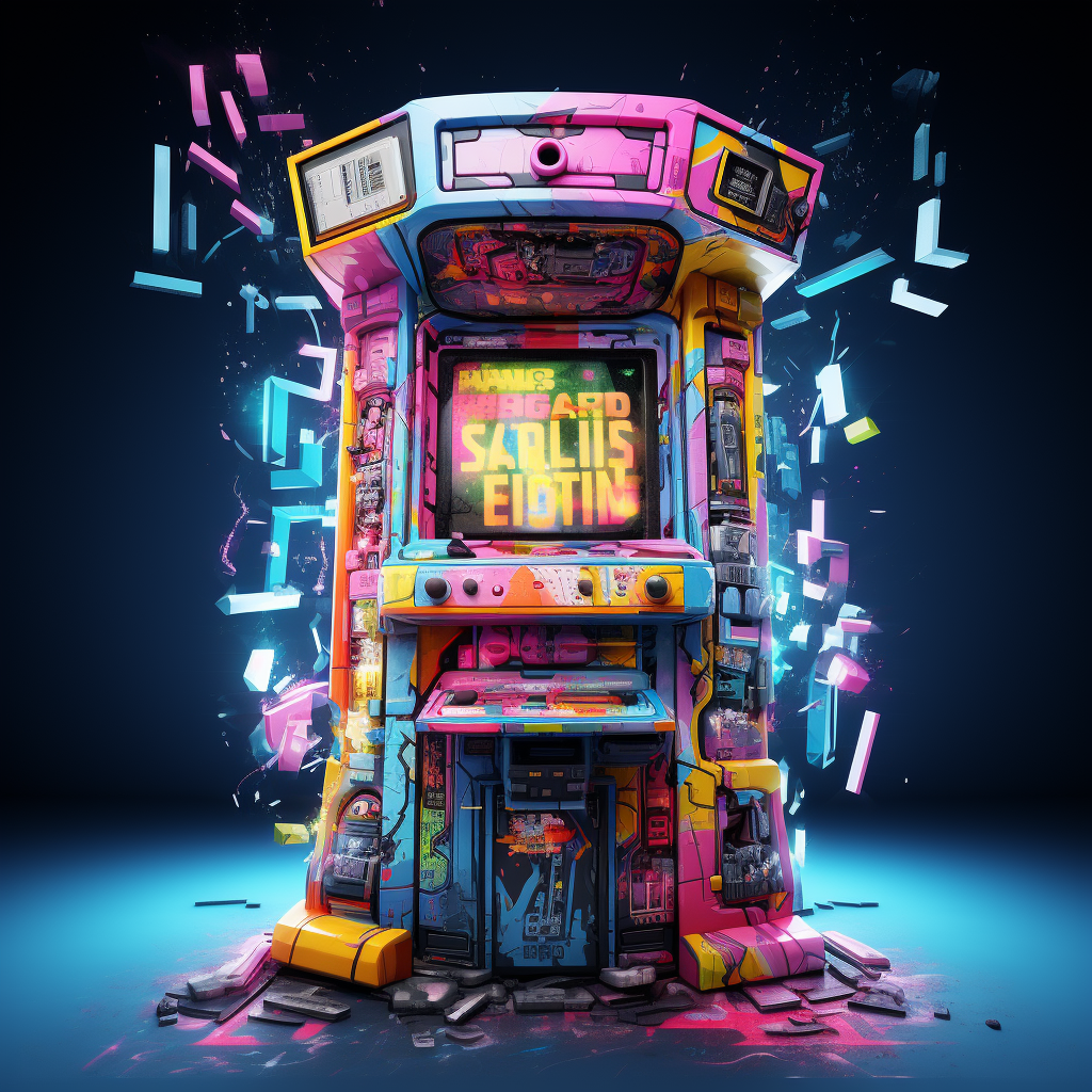 Colorful arcade machine with space invader theme