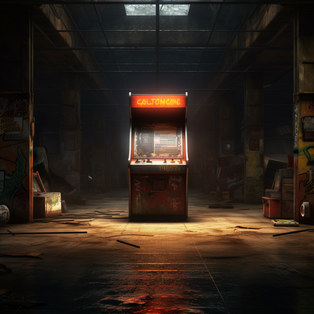 Dark warehouse with arcade machine