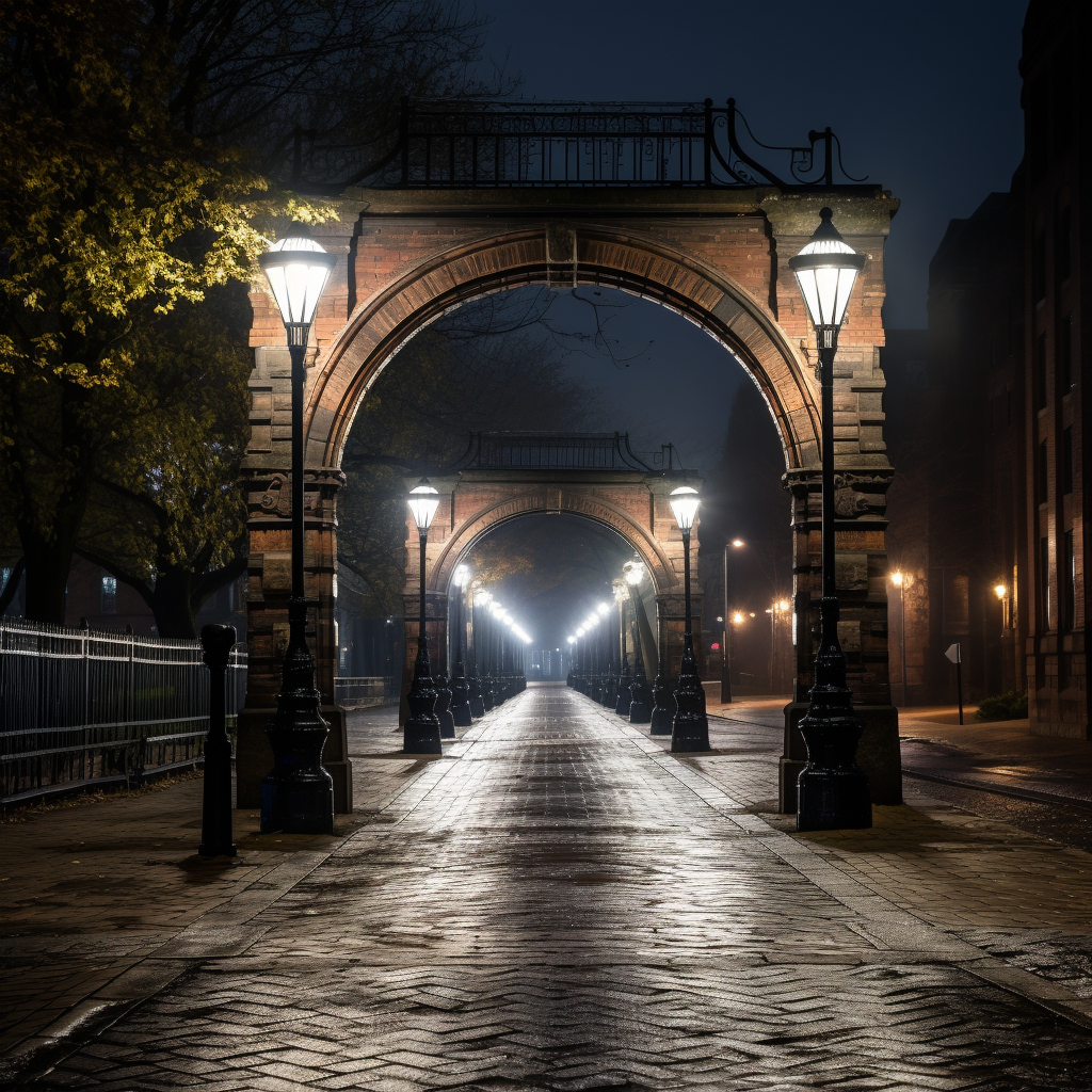 Nighttime arch street light illuminating the city