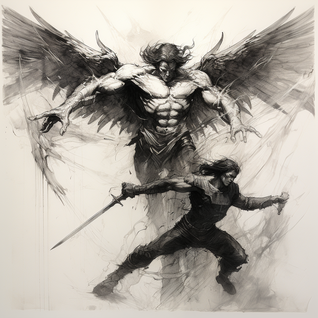 Archangel Michael defeating demon sketch