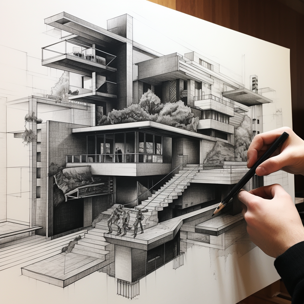 Hand-drawn architectural drawings