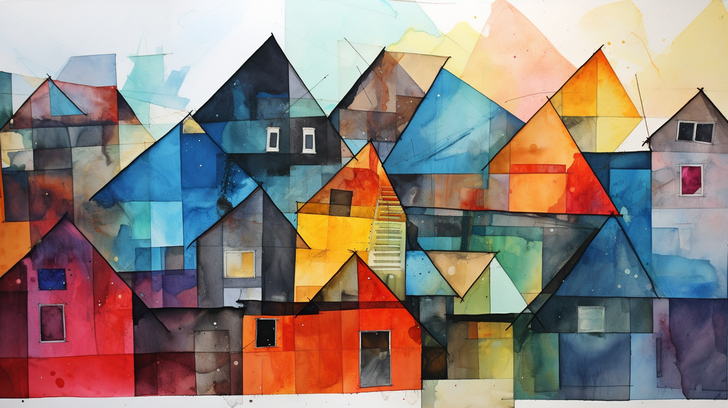 Colorful architectural collage with pitched roof