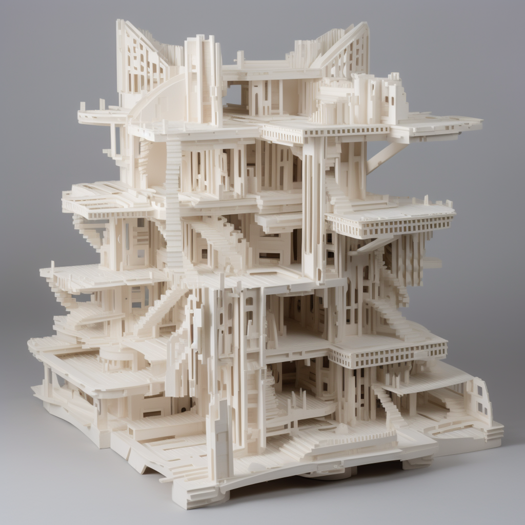 Architectural model with layers, pillars, and windows