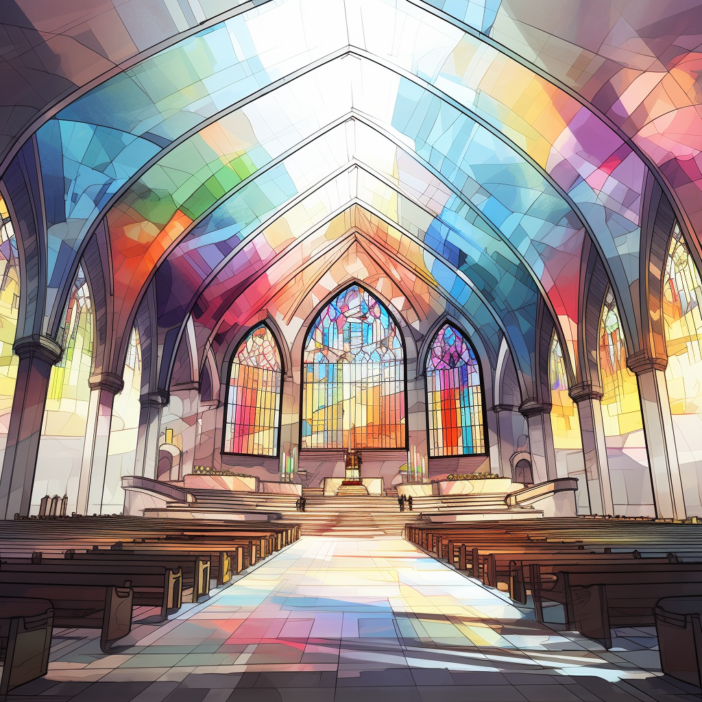 Colorful architectural projector screen inside church