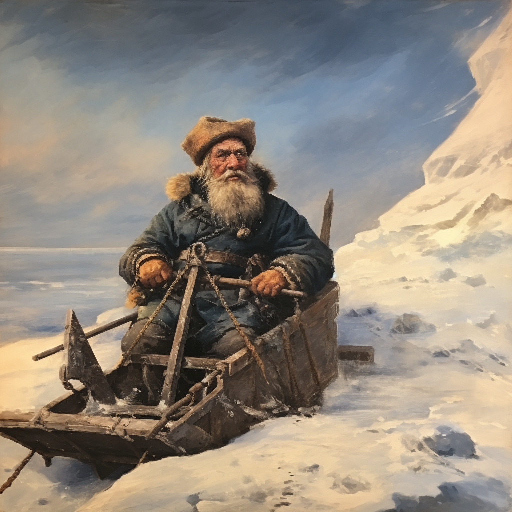 Dwarf Captain on Snowy Sledge in Arctic Landscape