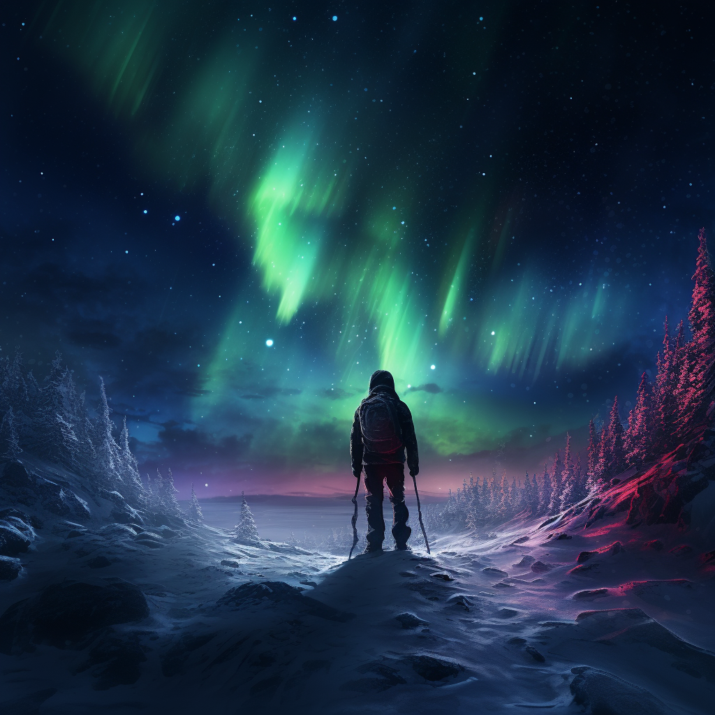 Adventurer walking under Northern Lights