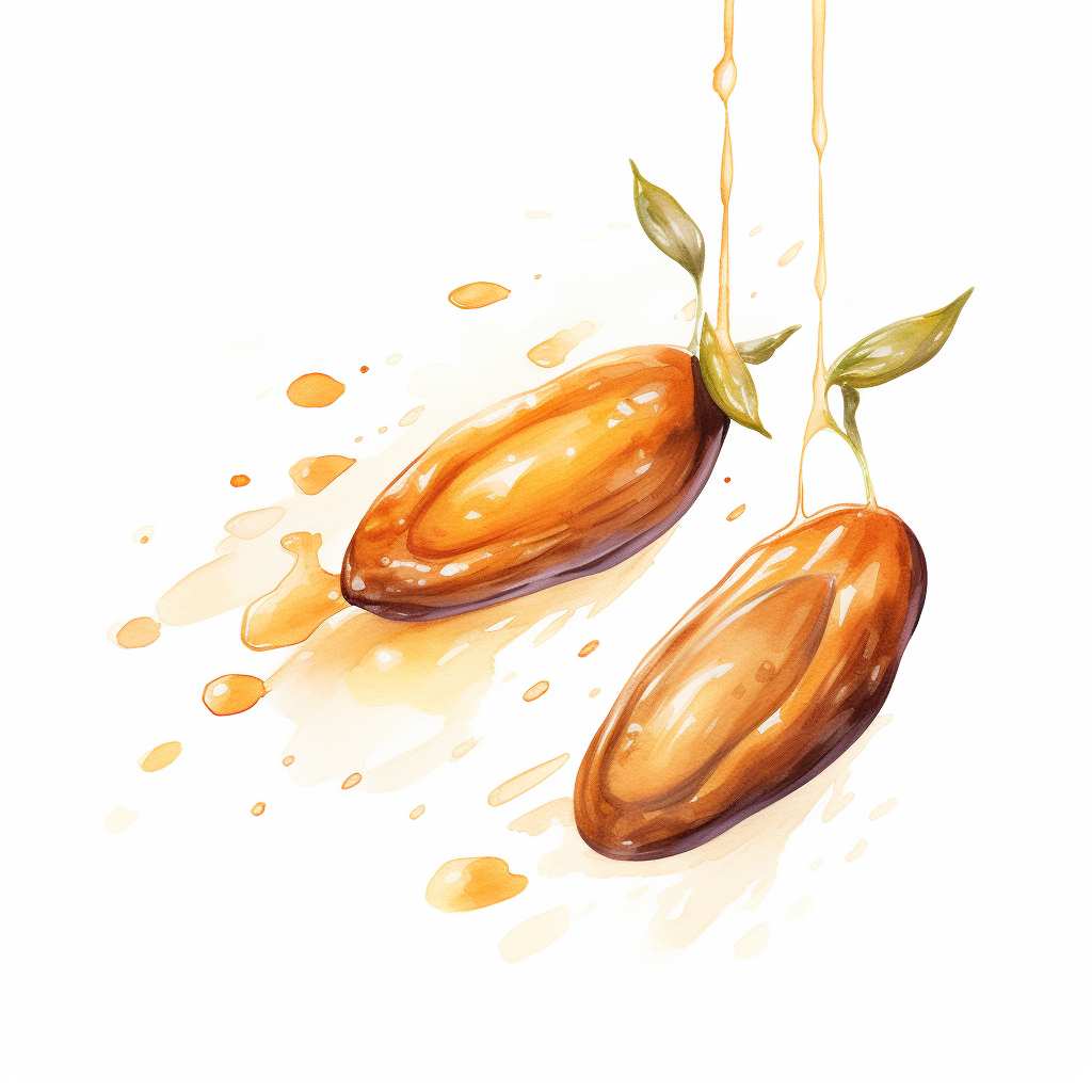 Colored illustration of argan seeds with oil dropping