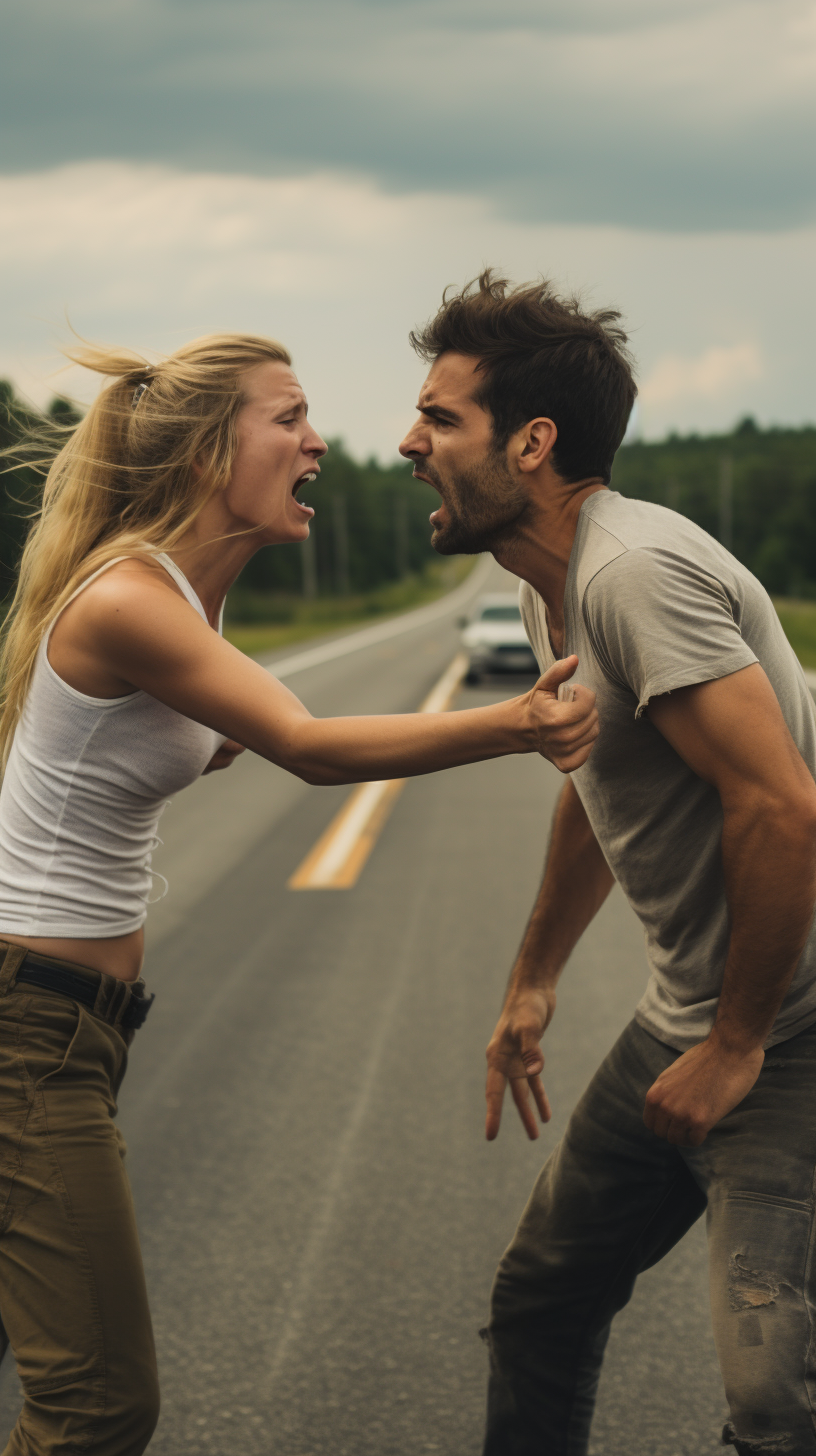 Couple arguing on the highway