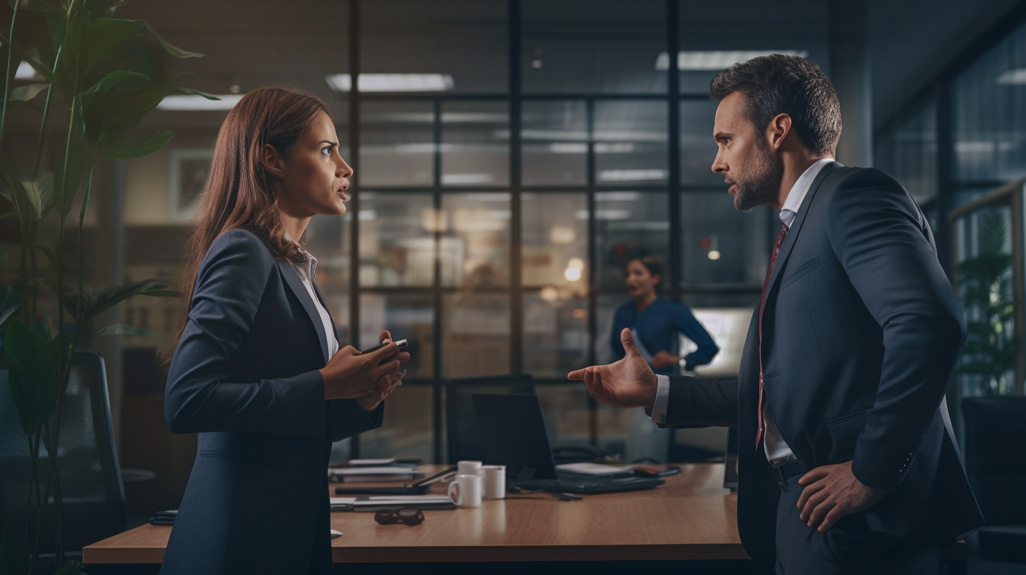 Two Caucasian clerks arguing in office