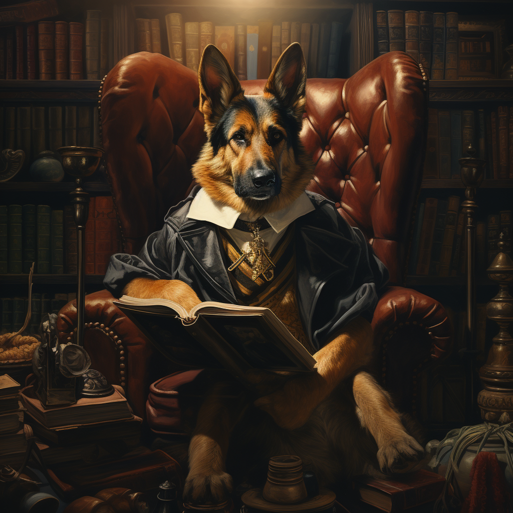 Aristocrat German Shepherd humanoid sitting on velvet armchair