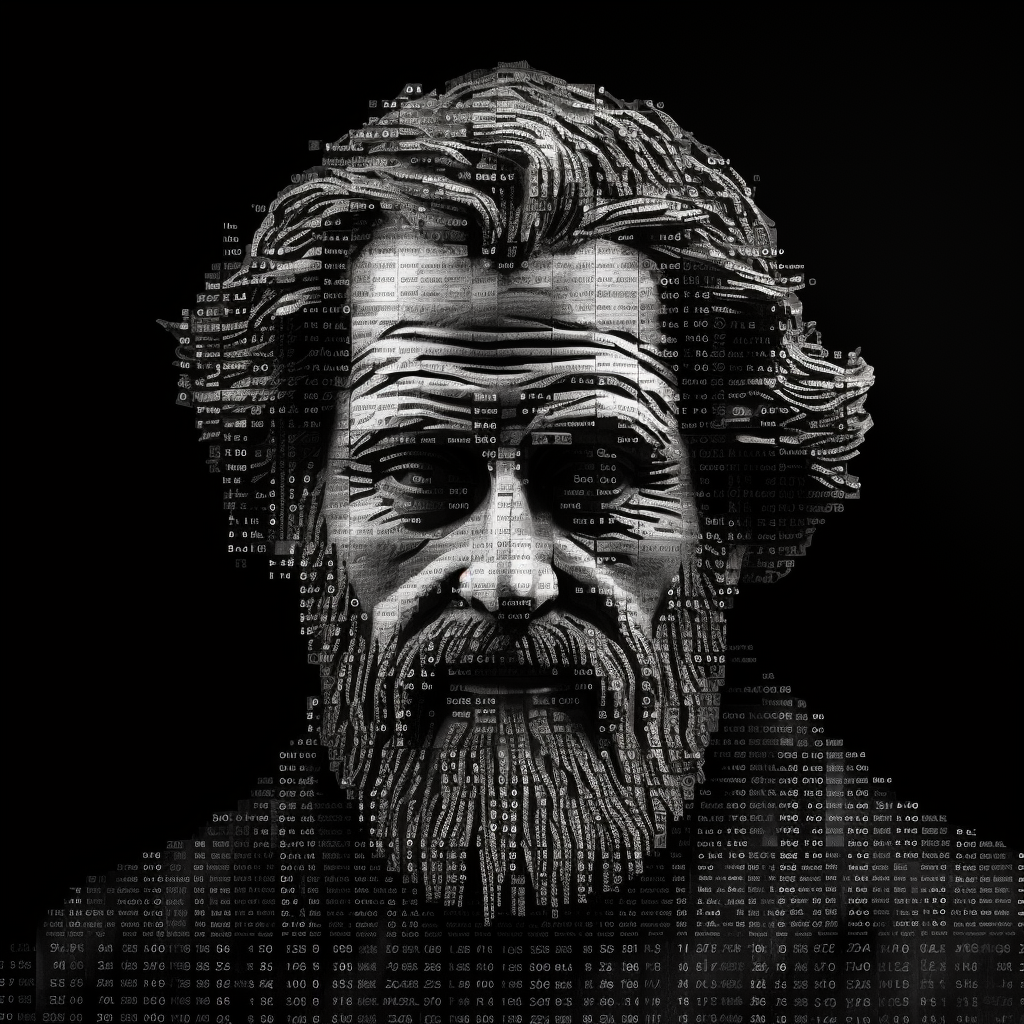 Aristotle headshot in binary code