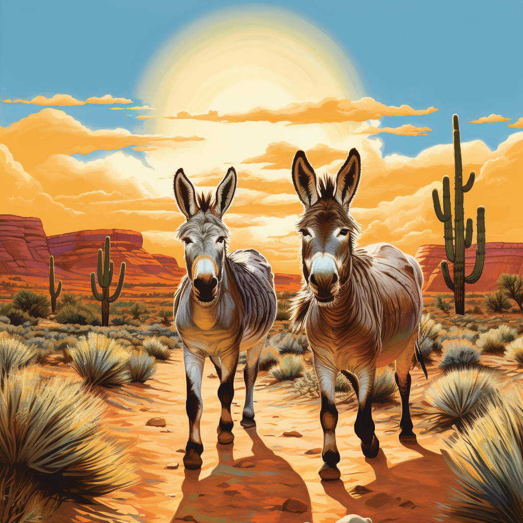 Vibrant illustration of burros in Arizona desert