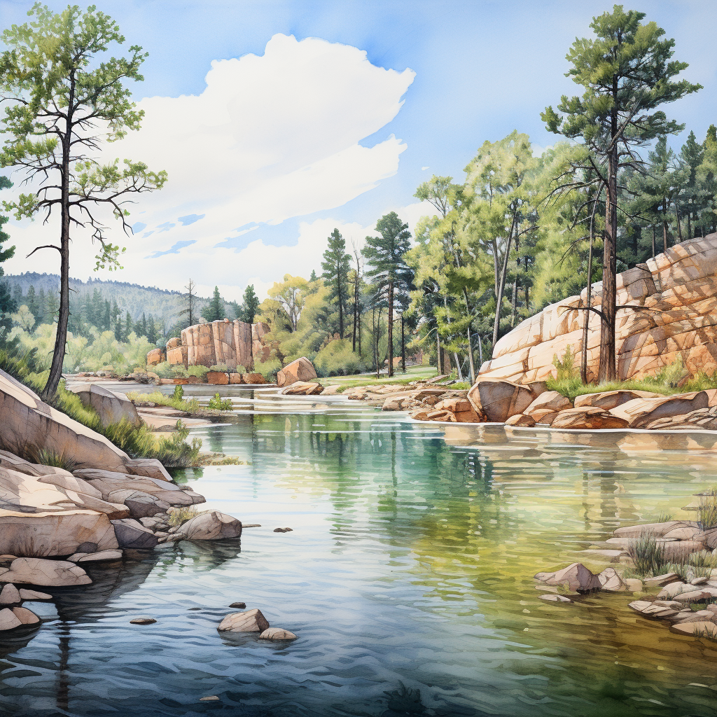 Scenic watercolor painting of the Arkansas River